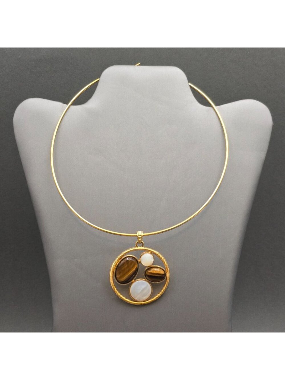 Vintage Joan Rivers Tiger Eye Omega Necklace 12" Gold Choker Pendant